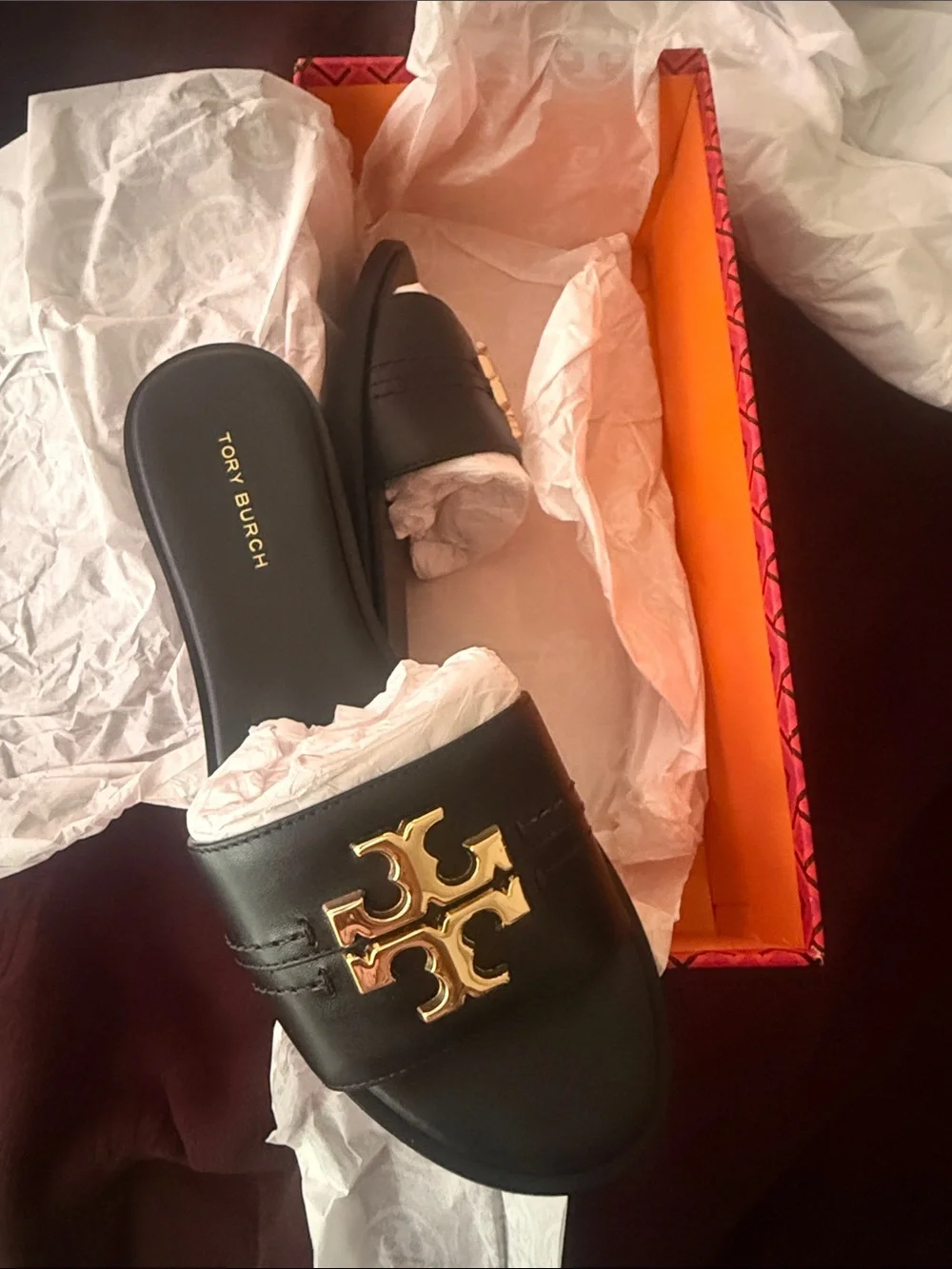 Tory Burch Black Leather Slide Sandals with Gold Hardware